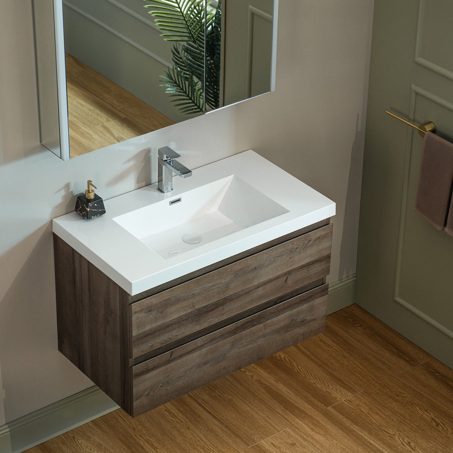WOODBRIDGE | Wall-Mounted Floating Bathroom Vanity | Glossy White Resin Top | Gray Oak Cabinet