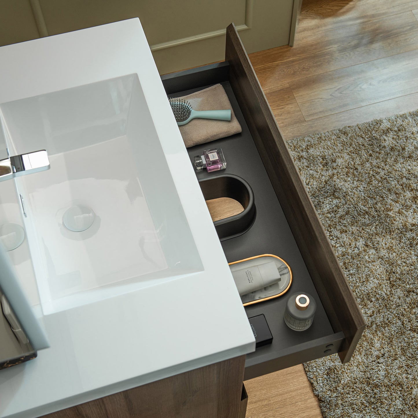 WOODBRIDGE | Wall-Mounted Floating Bathroom Vanity | Glossy White Resin Top | Gray Oak Cabinet
