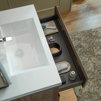 WOODBRIDGE | Wall-Mounted Floating Bathroom Vanity | Glossy White Resin Top | Gray Oak Cabinet