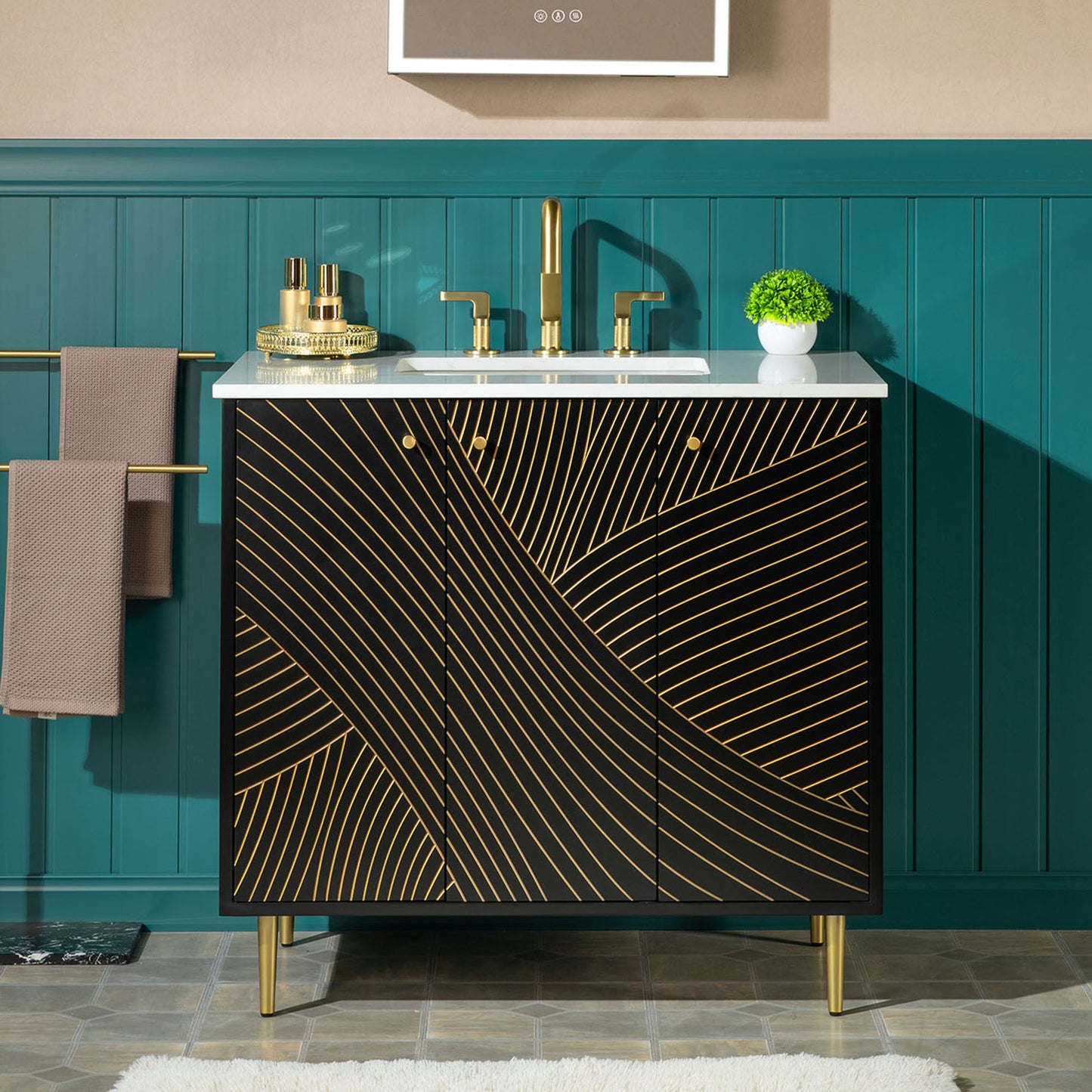 WOODBRIDGE | Modern Bathroom Vanity | with White Engineered Stone Top, Undermount Sink, Black & Gold Accents & Space-Saving Thin-Leg Design