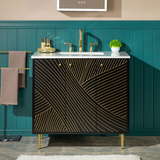WOODBRIDGE | Modern Bathroom Vanity | with White Engineered Stone Top, Undermount Sink, Black & Gold Accents & Space-Saving Thin-Leg Design
