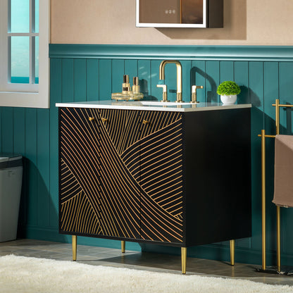 WOODBRIDGE | Modern Bathroom Vanity | with White Engineered Stone Top, Undermount Sink, Black & Gold Accents & Space-Saving Thin-Leg Design