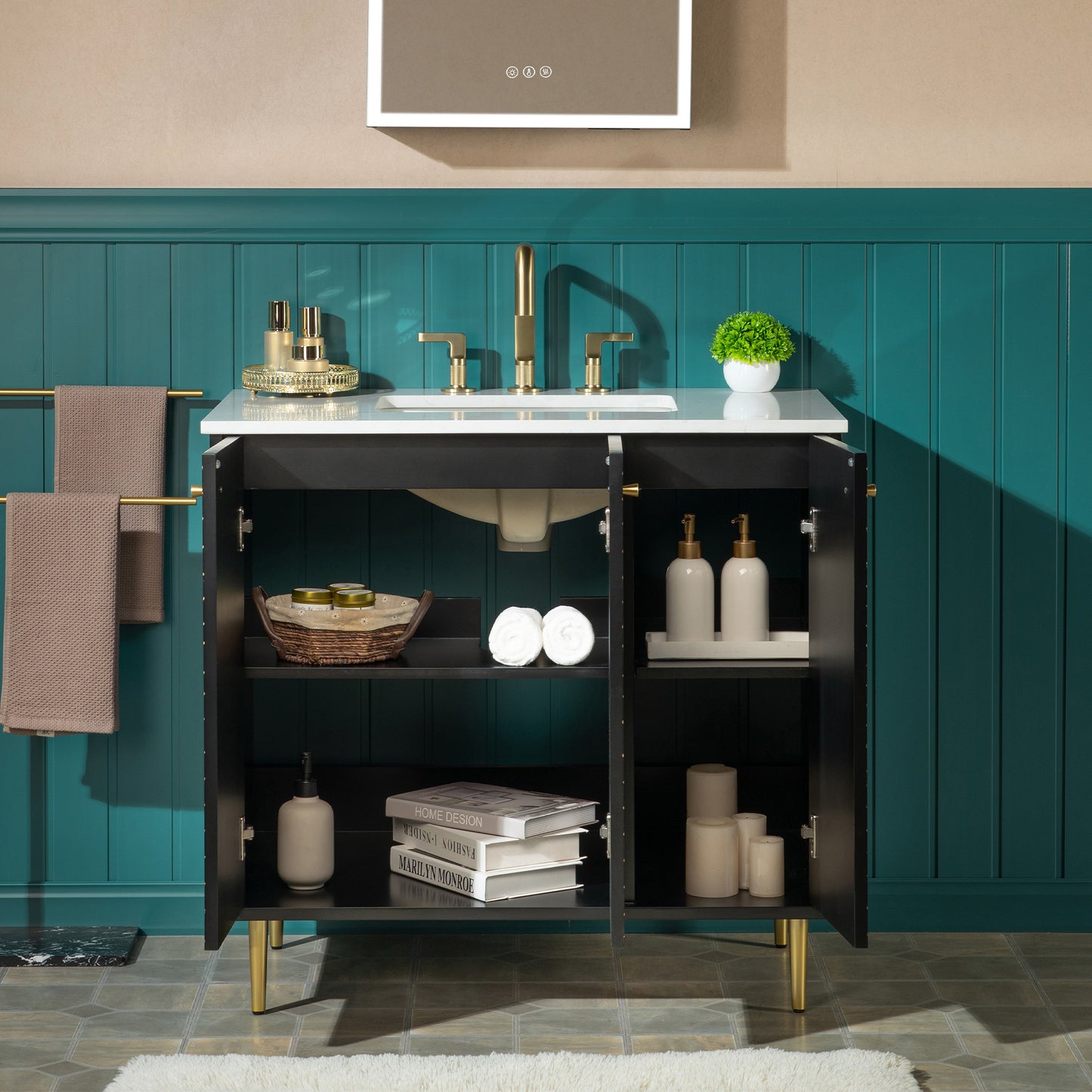 WOODBRIDGE | Modern Bathroom Vanity | with White Engineered Stone Top, Undermount Sink, Black & Gold Accents & Space-Saving Thin-Leg Design