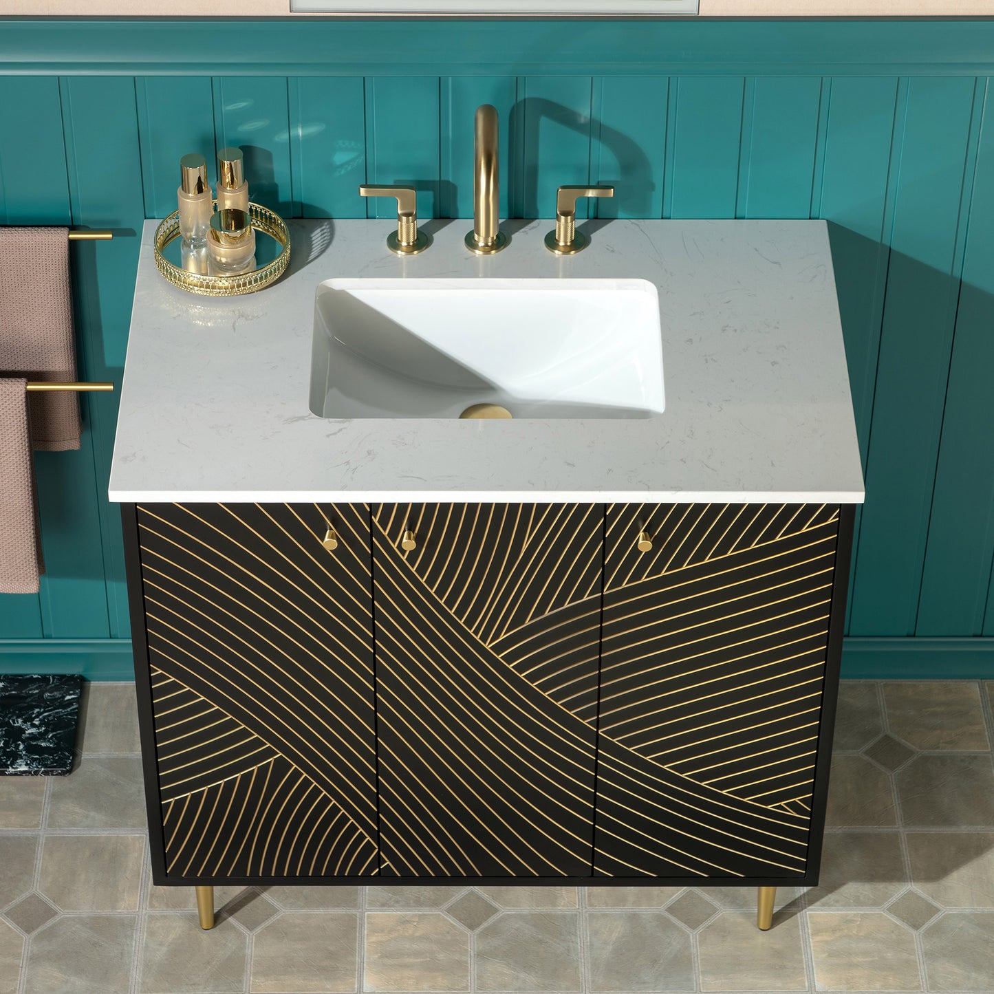 WOODBRIDGE | Modern Bathroom Vanity | with White Engineered Stone Top, Undermount Sink, Black & Gold Accents & Space-Saving Thin-Leg Design