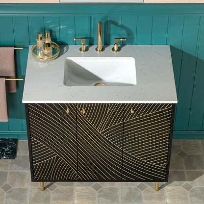 WOODBRIDGE | Modern Bathroom Vanity | with White Engineered Stone Top, Undermount Sink, Black & Gold Accents & Space-Saving Thin-Leg Design