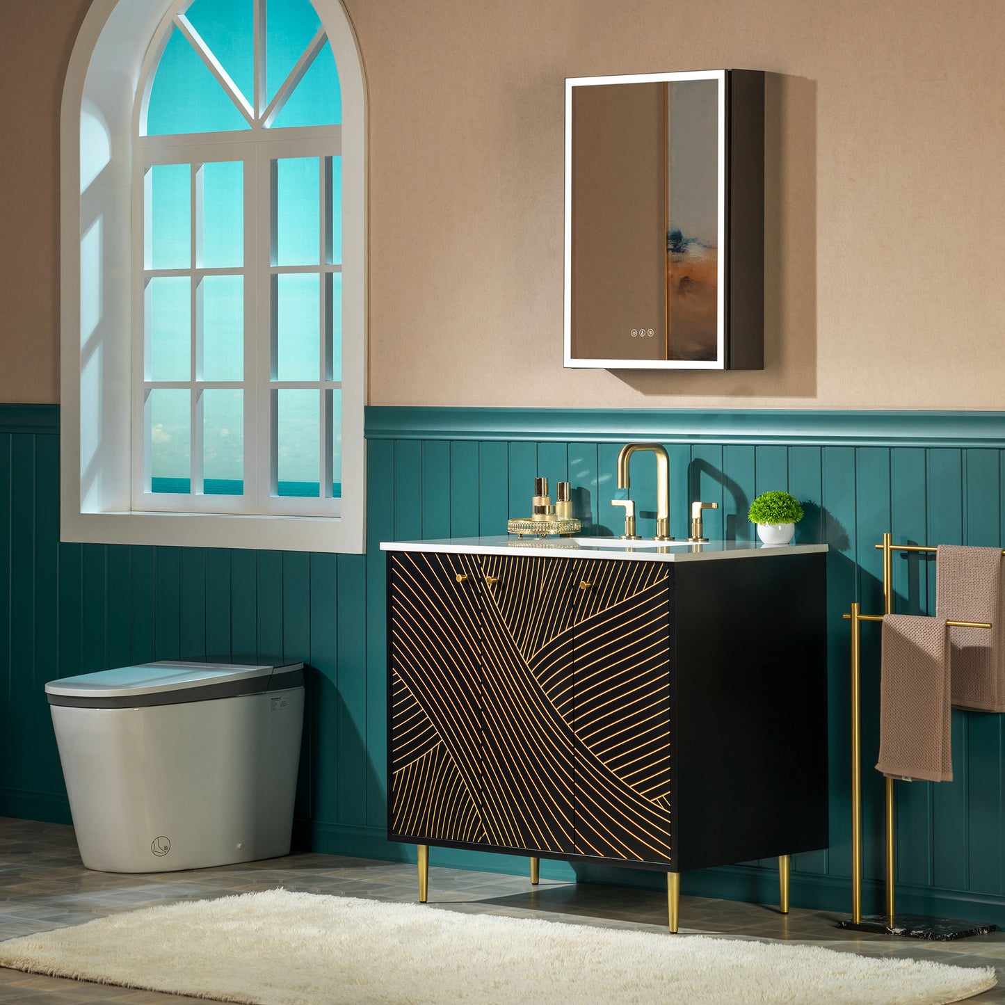 WOODBRIDGE | Modern Bathroom Vanity | with White Engineered Stone Top, Undermount Sink, Black & Gold Accents & Space-Saving Thin-Leg Design