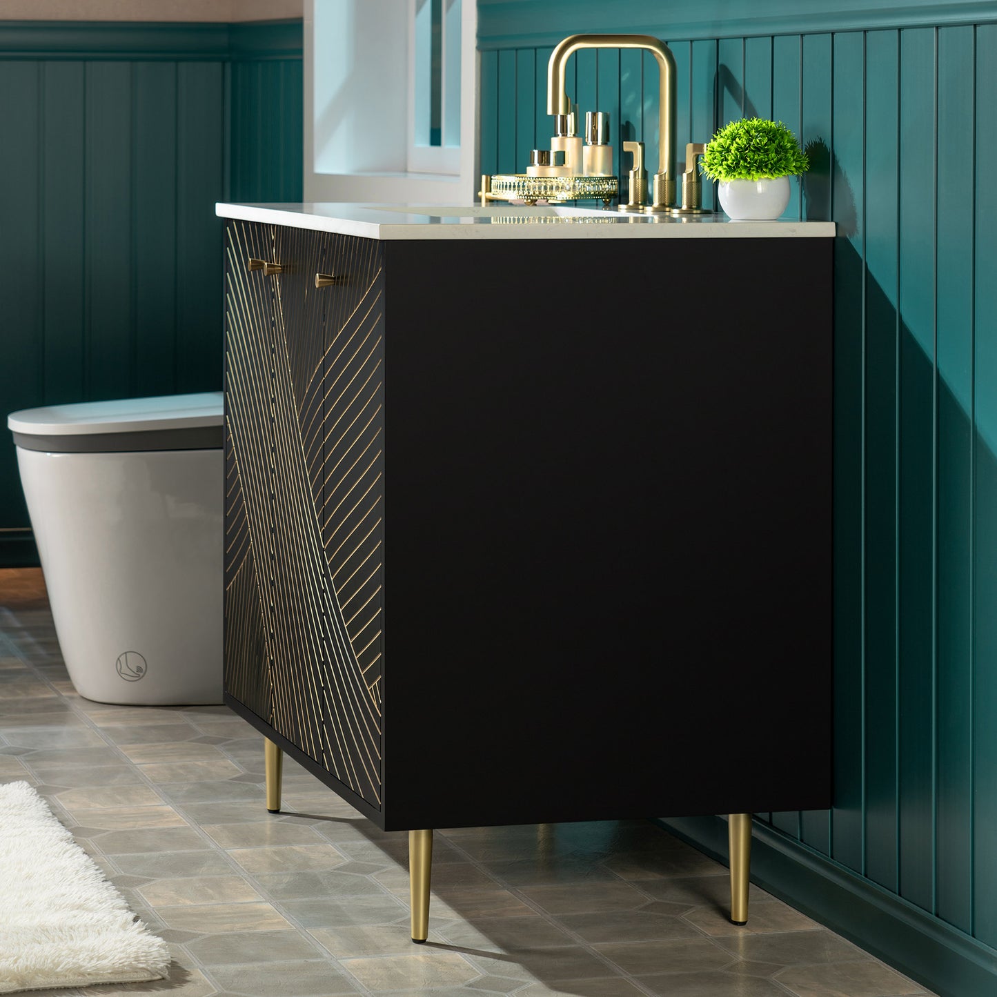 WOODBRIDGE | Modern Bathroom Vanity | with White Engineered Stone Top, Undermount Sink, Black & Gold Accents & Space-Saving Thin-Leg Design