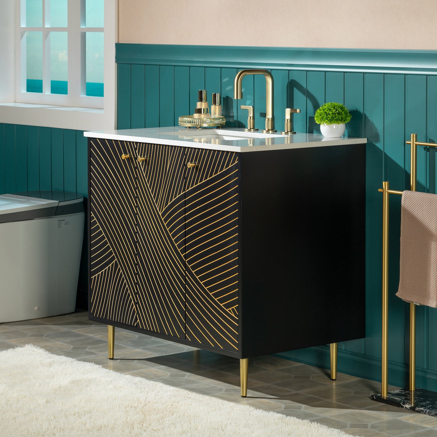 WOODBRIDGE | Modern Bathroom Vanity | with White Engineered Stone Top, Undermount Sink, Black & Gold Accents & Space-Saving Thin-Leg Design