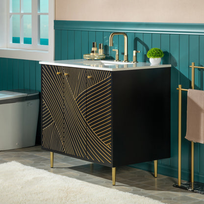 WOODBRIDGE | Modern Bathroom Vanity | with White Engineered Stone Top, Undermount Sink, Black & Gold Accents & Space-Saving Thin-Leg Design