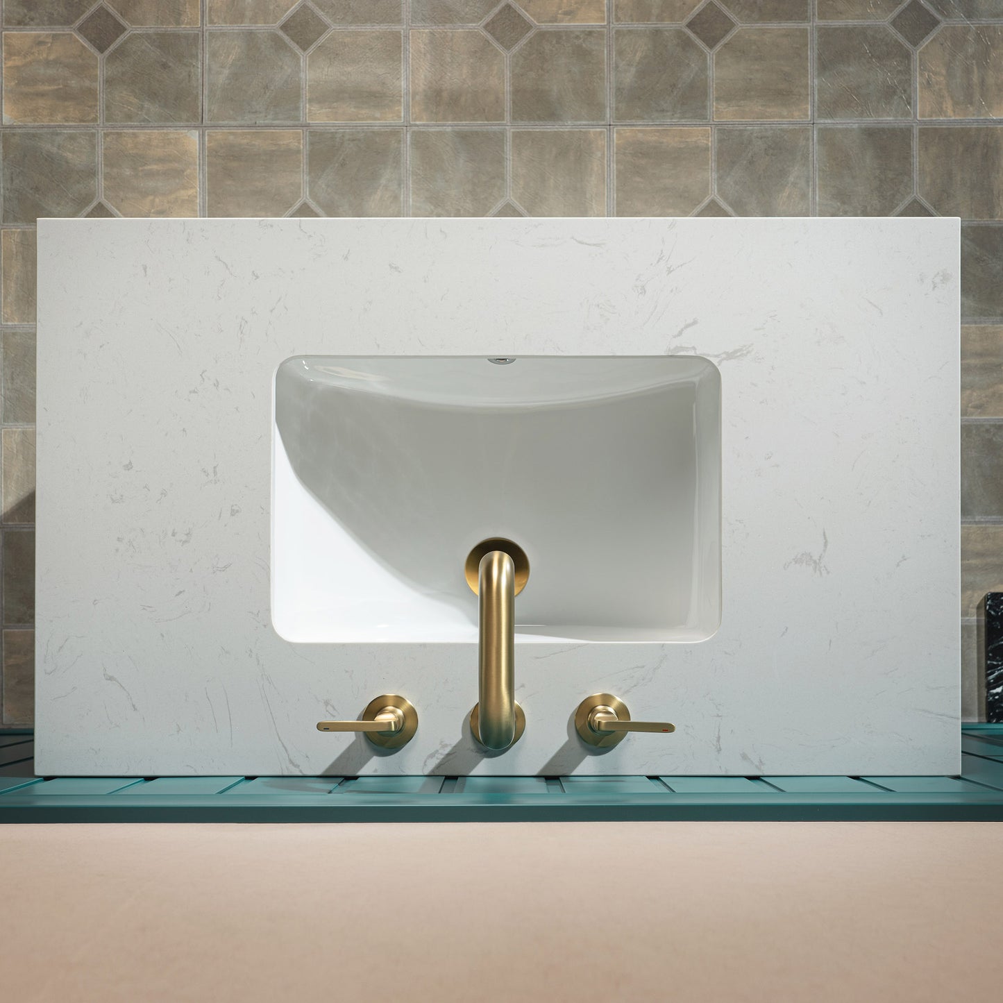 WOODBRIDGE | Modern Bathroom Vanity | with White Engineered Stone Top, Undermount Sink, Black & Gold Accents & Space-Saving Thin-Leg Design