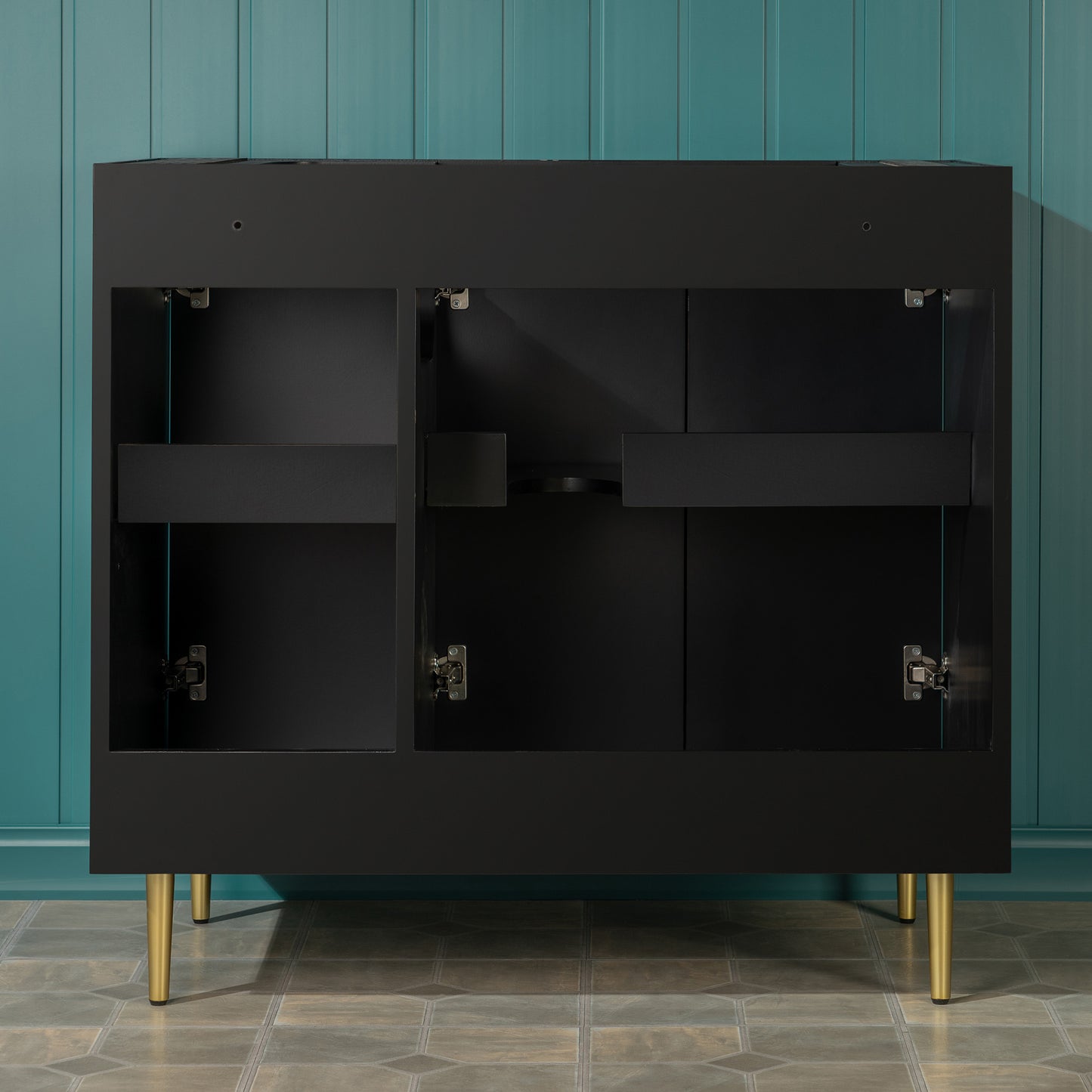 WOODBRIDGE | Modern Bathroom Vanity | with White Engineered Stone Top, Undermount Sink, Black & Gold Accents & Space-Saving Thin-Leg Design