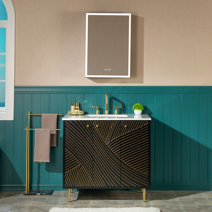 WOODBRIDGE | Modern Bathroom Vanity | with White Engineered Stone Top, Undermount Sink, Black & Gold Accents & Space-Saving Thin-Leg Design