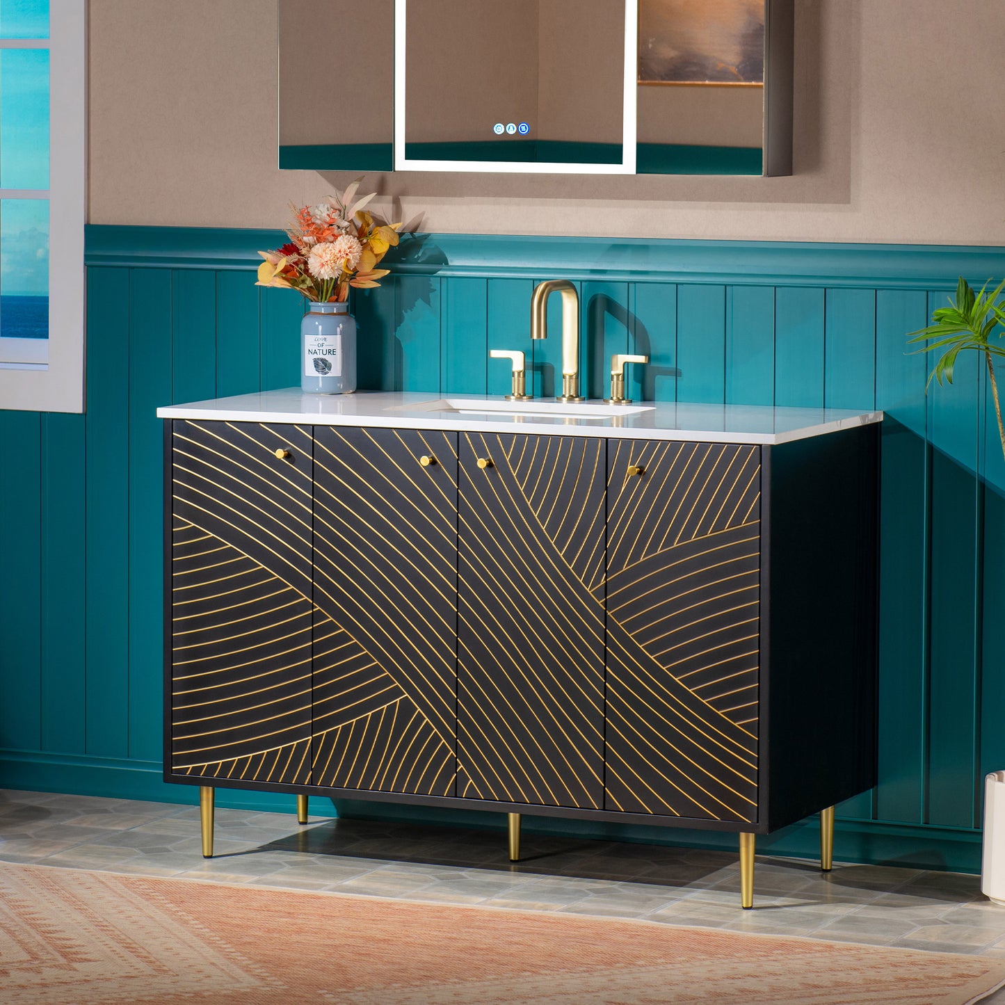 WOODBRIDGE | Modern Bathroom Vanity | with White Engineered Stone Top, Undermount Sink, Black & Gold Accents & Space-Saving Thin-Leg Design