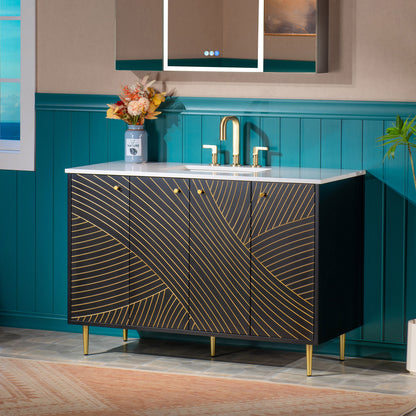 WOODBRIDGE | Modern Bathroom Vanity | with White Engineered Stone Top, Undermount Sink, Black & Gold Accents & Space-Saving Thin-Leg Design