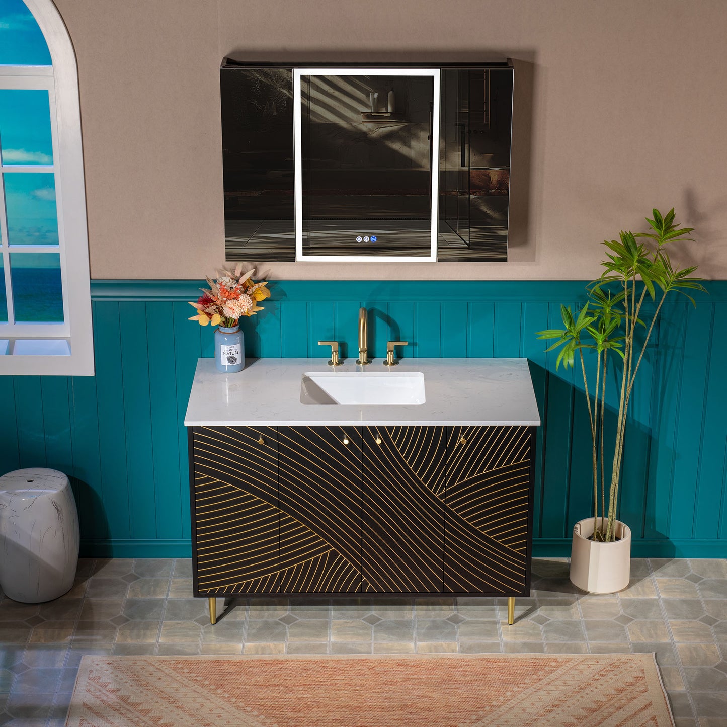 WOODBRIDGE | Modern Bathroom Vanity | with White Engineered Stone Top, Undermount Sink, Black & Gold Accents & Space-Saving Thin-Leg Design