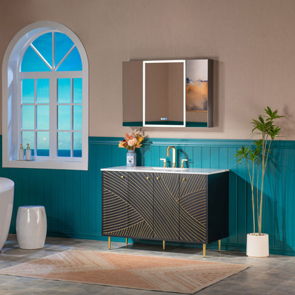 WOODBRIDGE | Modern Bathroom Vanity | with White Engineered Stone Top, Undermount Sink, Black & Gold Accents & Space-Saving Thin-Leg Design