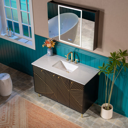 WOODBRIDGE | Modern Bathroom Vanity | with White Engineered Stone Top, Undermount Sink, Black & Gold Accents & Space-Saving Thin-Leg Design