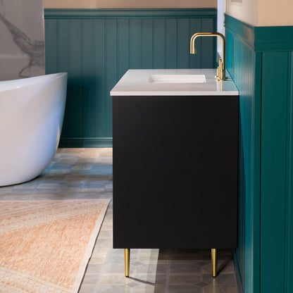 WOODBRIDGE | Modern Bathroom Vanity | with White Engineered Stone Top, Undermount Sink, Black & Gold Accents & Space-Saving Thin-Leg Design