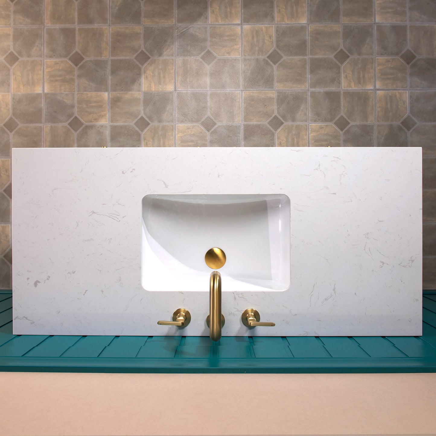 WOODBRIDGE | Modern Bathroom Vanity | with White Engineered Stone Top, Undermount Sink, Black & Gold Accents & Space-Saving Thin-Leg Design