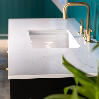 WOODBRIDGE | Modern Bathroom Vanity | with White Engineered Stone Top, Undermount Sink, Black & Gold Accents & Space-Saving Thin-Leg Design