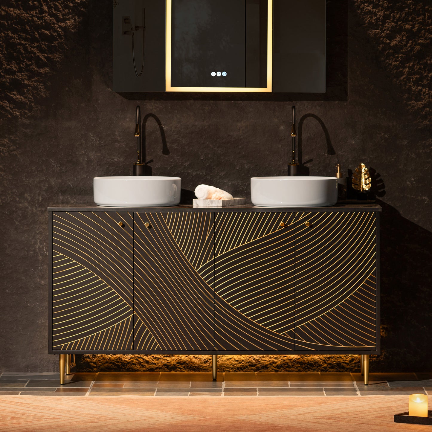 WOODBRIDGE 60" Bris-BG-60D | Double Sink Bathroom Vanity | with Round Ceramic Vessel Sinks, Black Engineered Stone Top, Thin-Leg Design & Black/Gold Accents