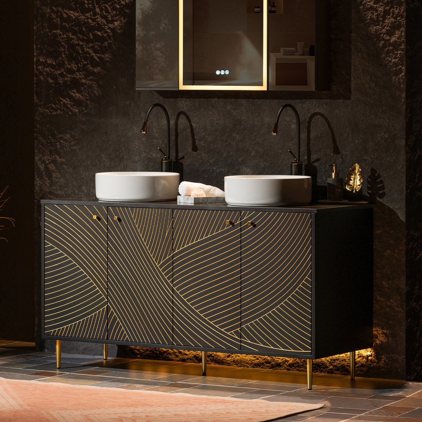 WOODBRIDGE 60" Bris-BG-60D | Double Sink Bathroom Vanity | with Round Ceramic Vessel Sinks, Black Engineered Stone Top, Thin-Leg Design & Black/Gold Accents