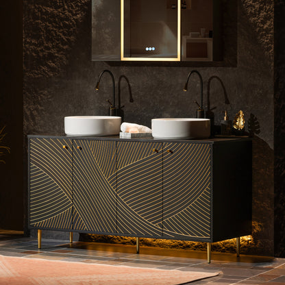 WOODBRIDGE 60" Bris-BG-60D | Double Sink Bathroom Vanity | with Round Ceramic Vessel Sinks, Black Engineered Stone Top, Thin-Leg Design & Black/Gold Accents