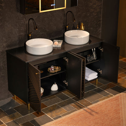 WOODBRIDGE 60" Bris-BG-60D | Double Sink Bathroom Vanity | with Round Ceramic Vessel Sinks, Black Engineered Stone Top, Thin-Leg Design & Black/Gold Accents