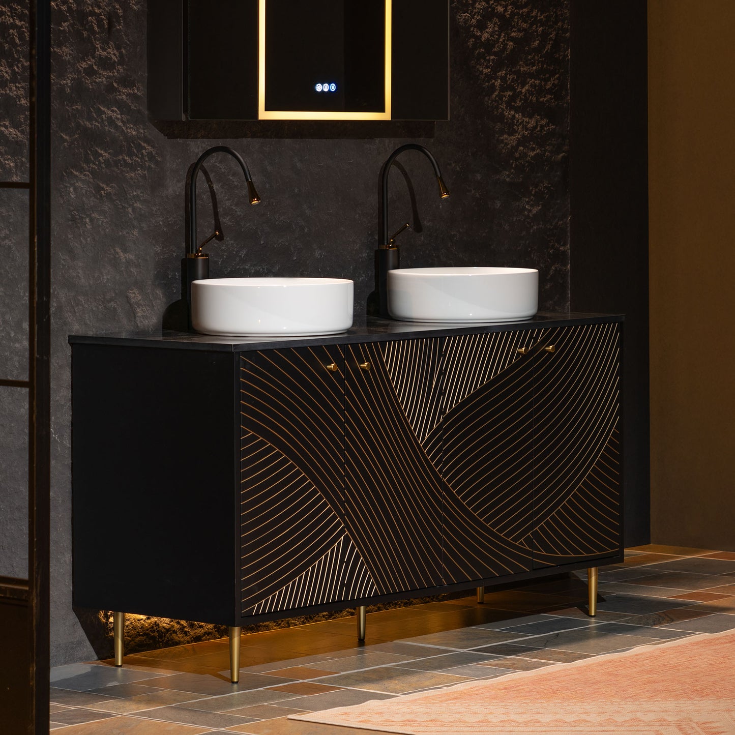 WOODBRIDGE 60" Bris-BG-60D | Double Sink Bathroom Vanity | with Round Ceramic Vessel Sinks, Black Engineered Stone Top, Thin-Leg Design & Black/Gold Accents