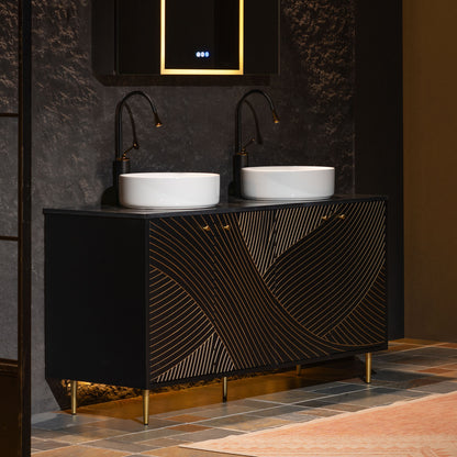 WOODBRIDGE 60" Bris-BG-60D | Double Sink Bathroom Vanity | with Round Ceramic Vessel Sinks, Black Engineered Stone Top, Thin-Leg Design & Black/Gold Accents