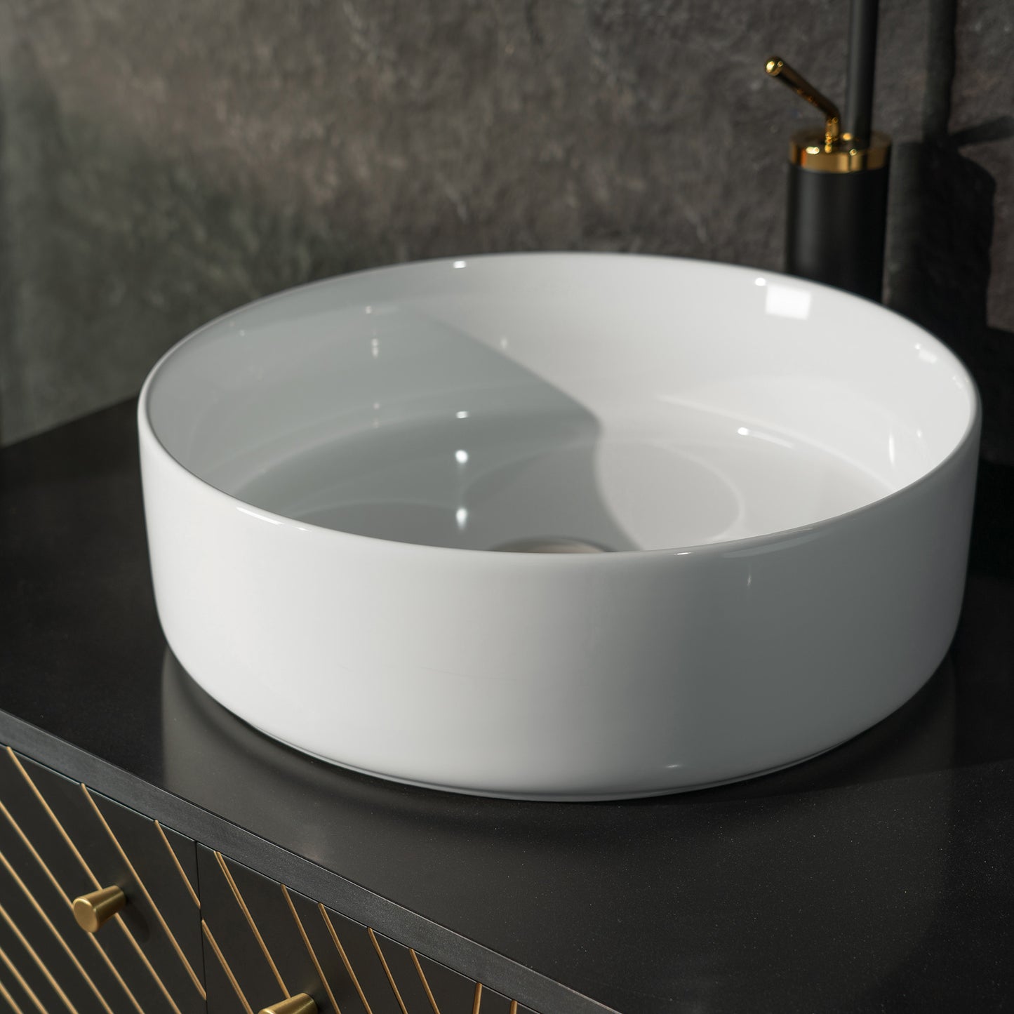 WOODBRIDGE 60" Bris-BG-60D | Double Sink Bathroom Vanity | with Round Ceramic Vessel Sinks, Black Engineered Stone Top, Thin-Leg Design & Black/Gold Accents