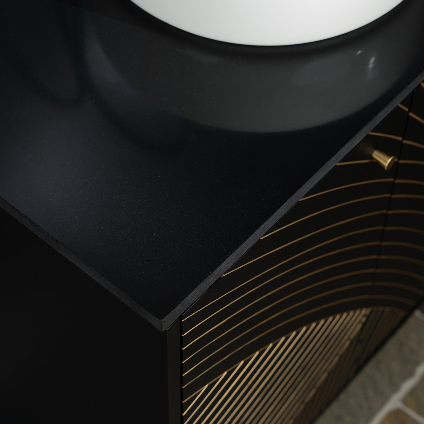 WOODBRIDGE 60" Bris-BG-60D | Double Sink Bathroom Vanity | with Round Ceramic Vessel Sinks, Black Engineered Stone Top, Thin-Leg Design & Black/Gold Accents