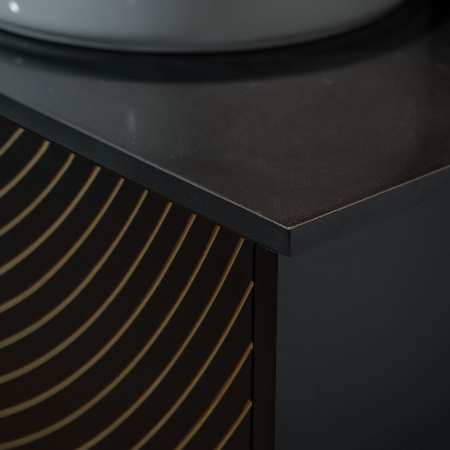 WOODBRIDGE 60" Bris-BG-60D | Double Sink Bathroom Vanity | with Round Ceramic Vessel Sinks, Black Engineered Stone Top, Thin-Leg Design & Black/Gold Accents