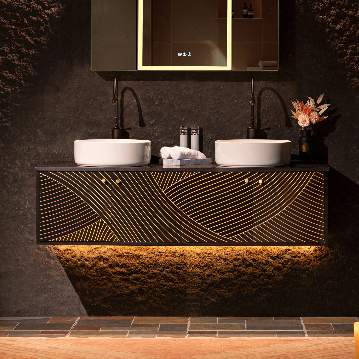 WOODBRIDGE Bris-BG-60DFW | 60" Wall-Mounted Floating Double Bathroom Vanity with Black Stone Top & Dual Vessel Sinks