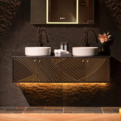 WOODBRIDGE Bris-BG-60DFW | 60" Wall-Mounted Floating Double Bathroom Vanity with Black Stone Top & Dual Vessel Sinks