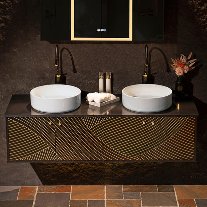WOODBRIDGE Bris-BG-60DFW | 60" Wall-Mounted Floating Double Bathroom Vanity with Black Stone Top & Dual Vessel Sinks
