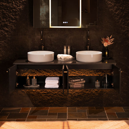 WOODBRIDGE Bris-BG-60DFW | 60" Wall-Mounted Floating Double Bathroom Vanity with Black Stone Top & Dual Vessel Sinks