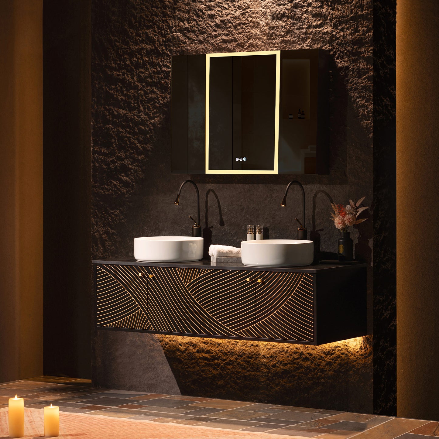WOODBRIDGE Bris-BG-60DFW | 60" Wall-Mounted Floating Double Bathroom Vanity with Black Stone Top & Dual Vessel Sinks