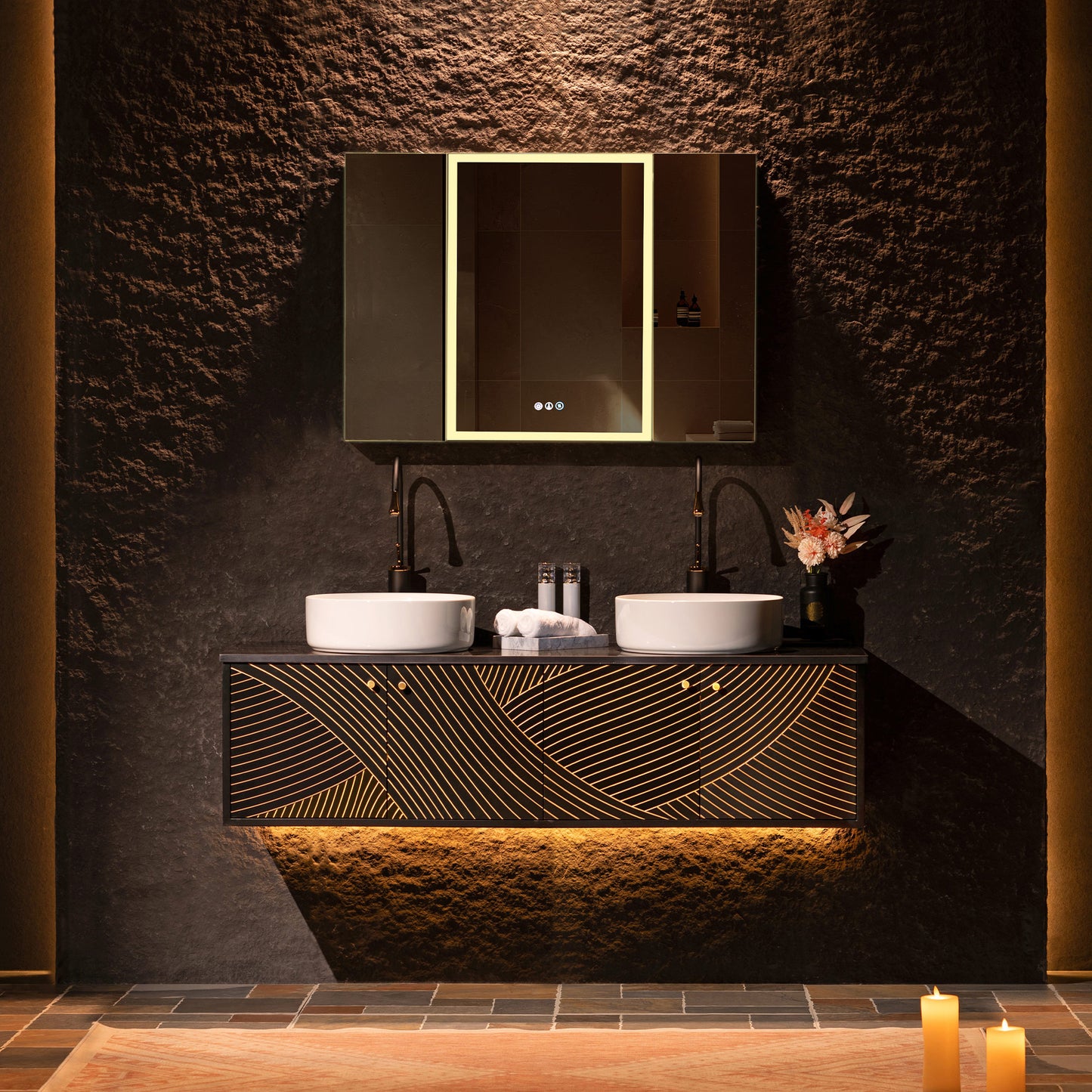 WOODBRIDGE Bris-BG-60DFW | 60" Wall-Mounted Floating Double Bathroom Vanity with Black Stone Top & Dual Vessel Sinks