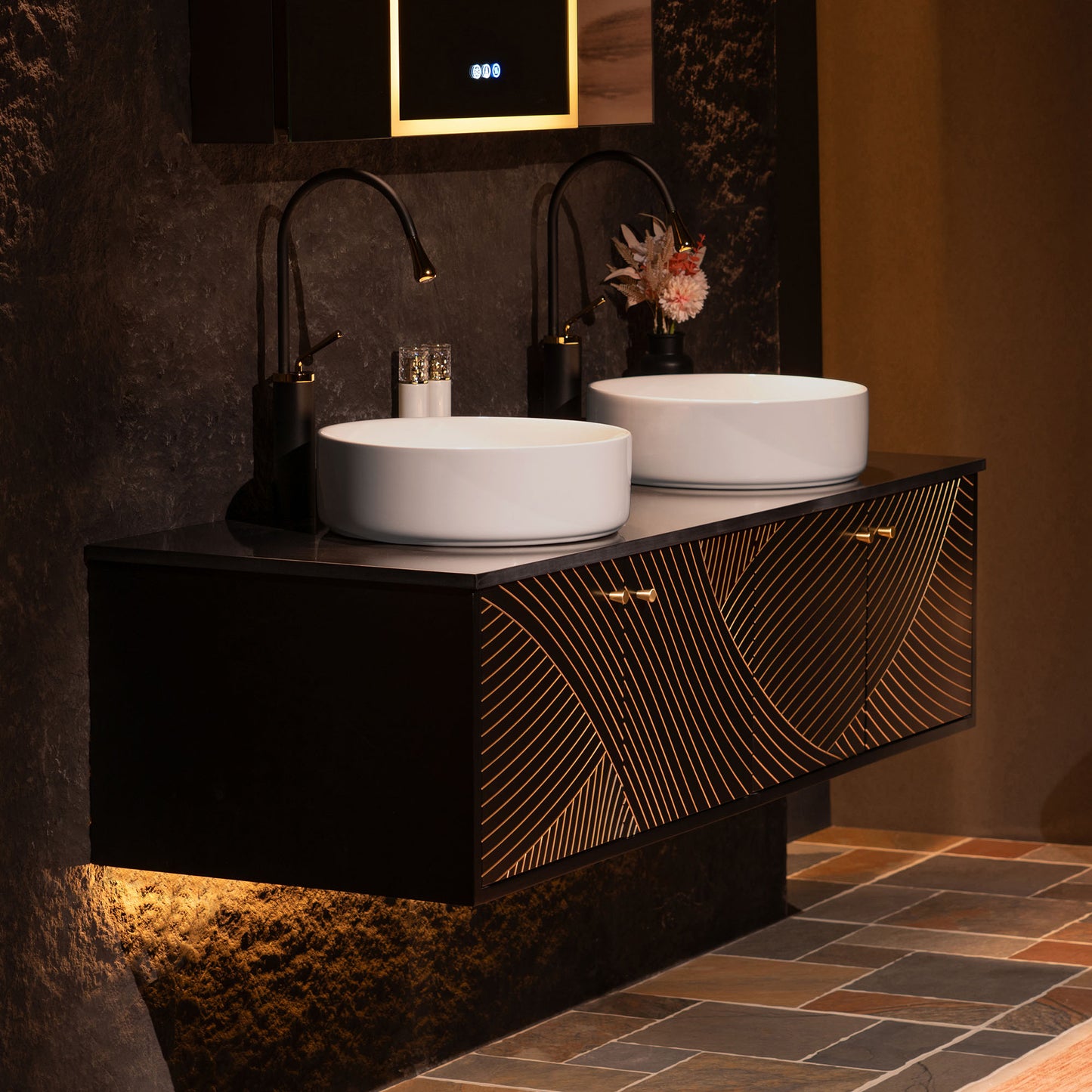 WOODBRIDGE Bris-BG-60DFW | 60" Wall-Mounted Floating Double Bathroom Vanity with Black Stone Top & Dual Vessel Sinks