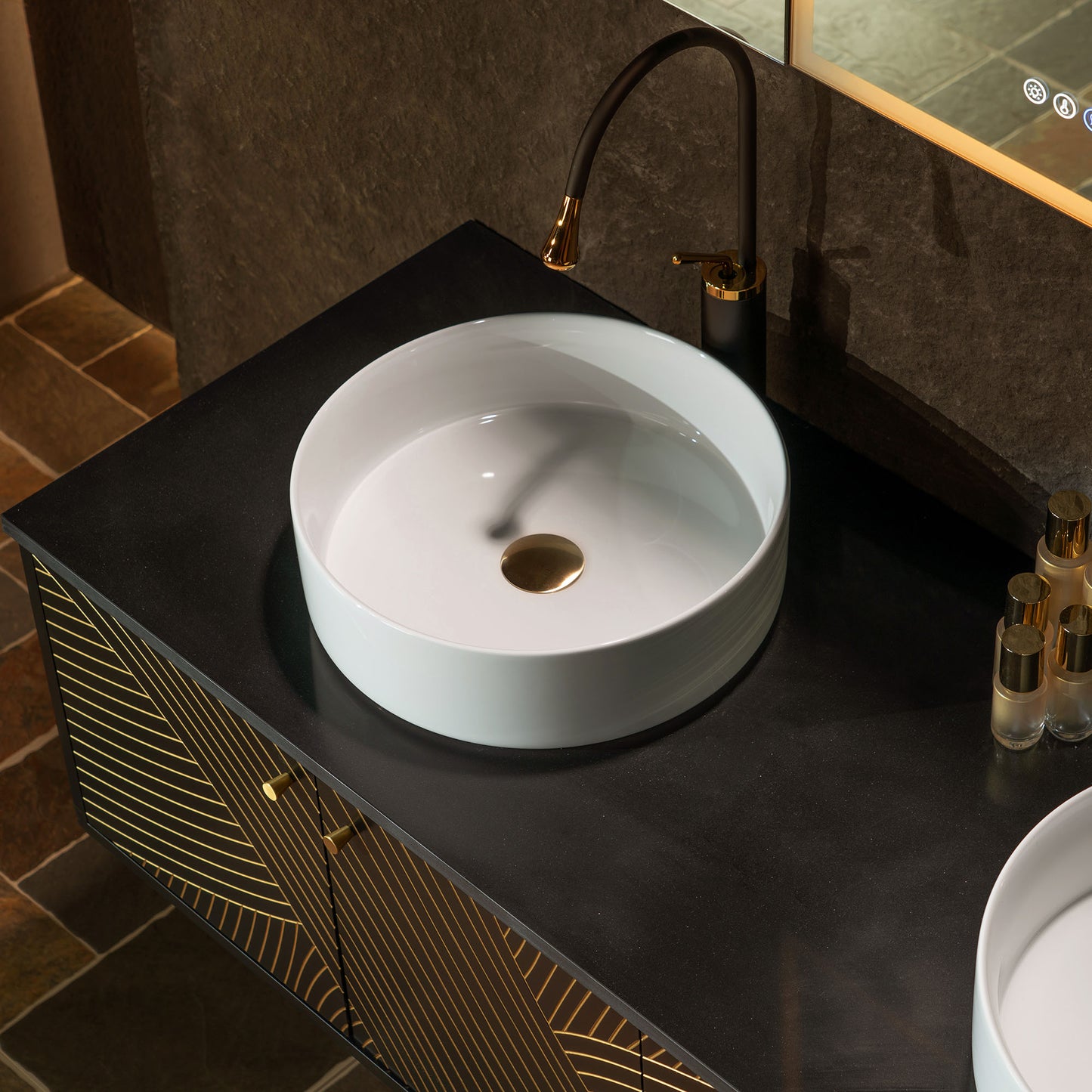 WOODBRIDGE Bris-BG-60DFW | 60" Wall-Mounted Floating Double Bathroom Vanity with Black Stone Top & Dual Vessel Sinks