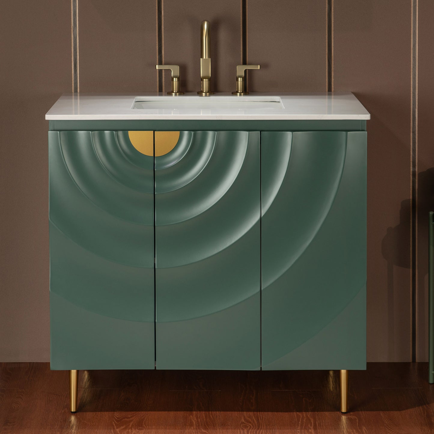 WOODBRIDGE 36" Cairo-GRN-36 | Bathroom Vanity | with White Engineered Stone Top, Ceramic Undermount Sink, Green Finish, 3D Wave Pattern Doors & Thin-Leg Design