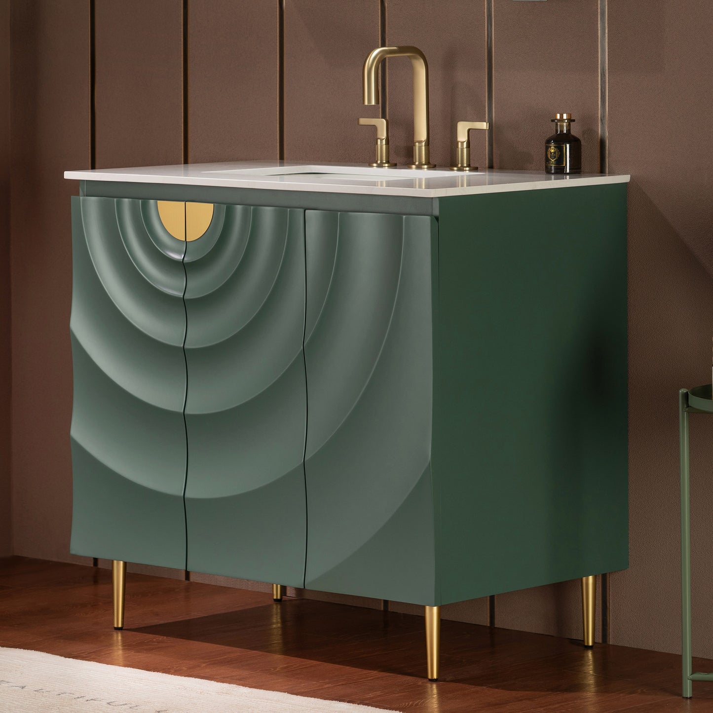 WOODBRIDGE 36" Cairo-GRN-36 | Bathroom Vanity | with White Engineered Stone Top, Ceramic Undermount Sink, Green Finish, 3D Wave Pattern Doors & Thin-Leg Design
