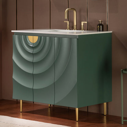 WOODBRIDGE 36" Cairo-GRN-36 | Bathroom Vanity | with White Engineered Stone Top, Ceramic Undermount Sink, Green Finish, 3D Wave Pattern Doors & Thin-Leg Design
