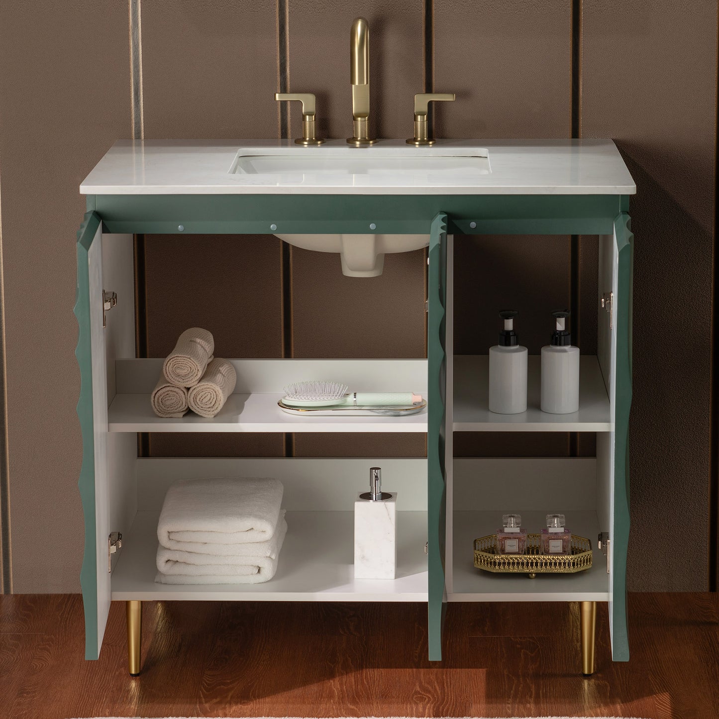 WOODBRIDGE 36" Cairo-GRN-36 | Bathroom Vanity | with White Engineered Stone Top, Ceramic Undermount Sink, Green Finish, 3D Wave Pattern Doors & Thin-Leg Design