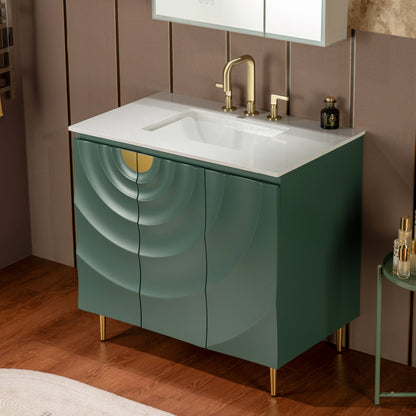 WOODBRIDGE 36" Cairo-GRN-36 | Bathroom Vanity | with White Engineered Stone Top, Ceramic Undermount Sink, Green Finish, 3D Wave Pattern Doors & Thin-Leg Design
