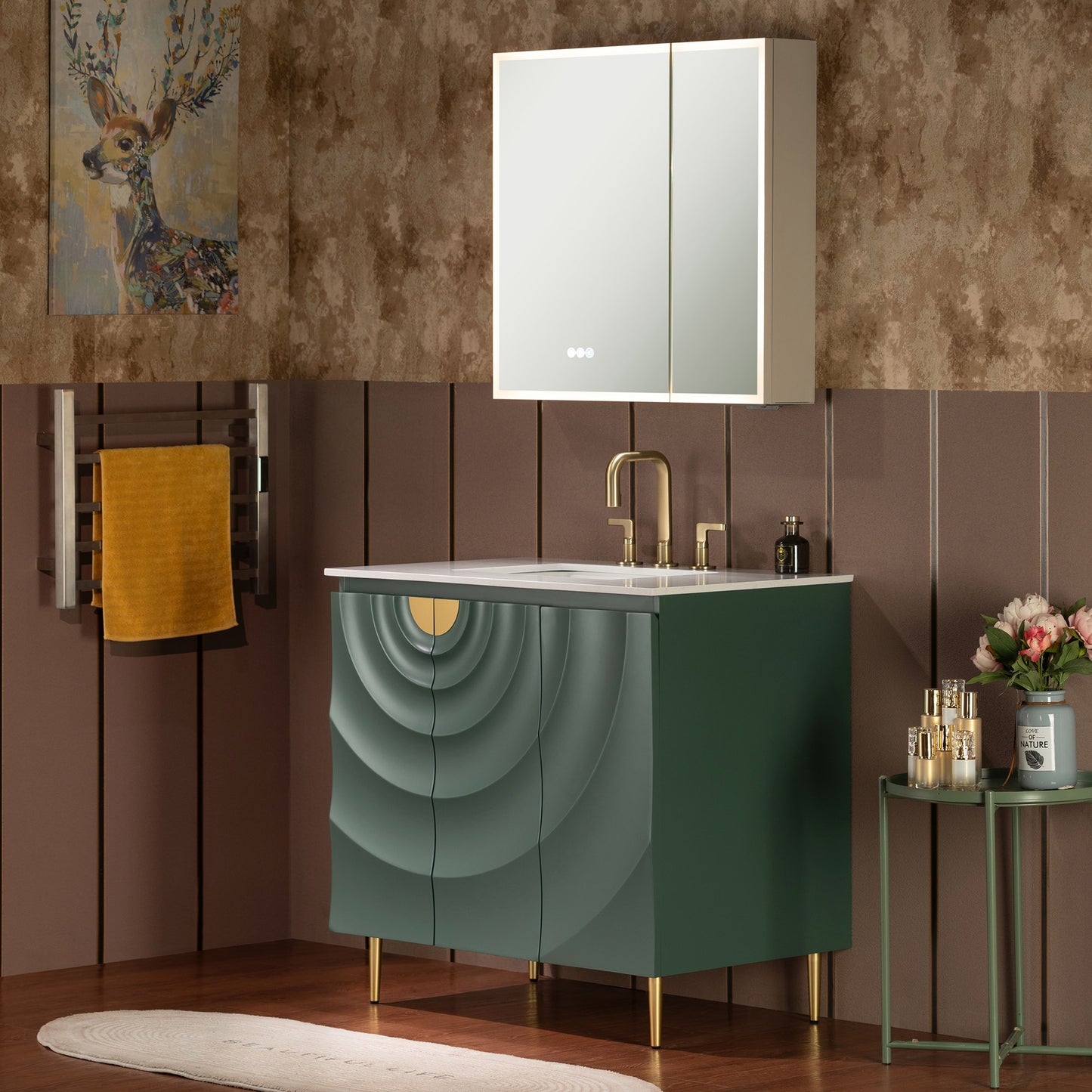 WOODBRIDGE 36" Cairo-GRN-36 | Bathroom Vanity | with White Engineered Stone Top, Ceramic Undermount Sink, Green Finish, 3D Wave Pattern Doors & Thin-Leg Design