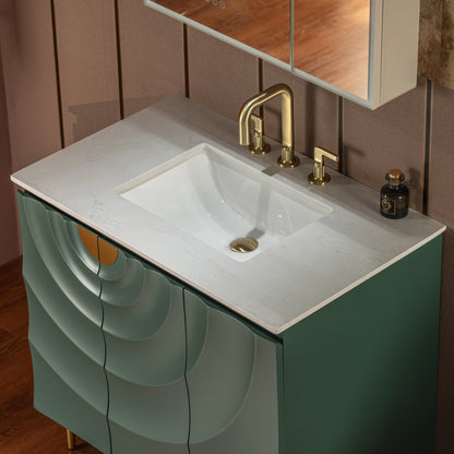 WOODBRIDGE 36" Cairo-GRN-36 | Bathroom Vanity | with White Engineered Stone Top, Ceramic Undermount Sink, Green Finish, 3D Wave Pattern Doors & Thin-Leg Design