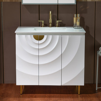 WOODBRIDGE 36" Cairo.WH.3A | Bathroom Vanity | with White Engineered Stone Top, Ceramic Undermount Sink, White Finish, 3D Wave Pattern Doors & Thin-Leg Design