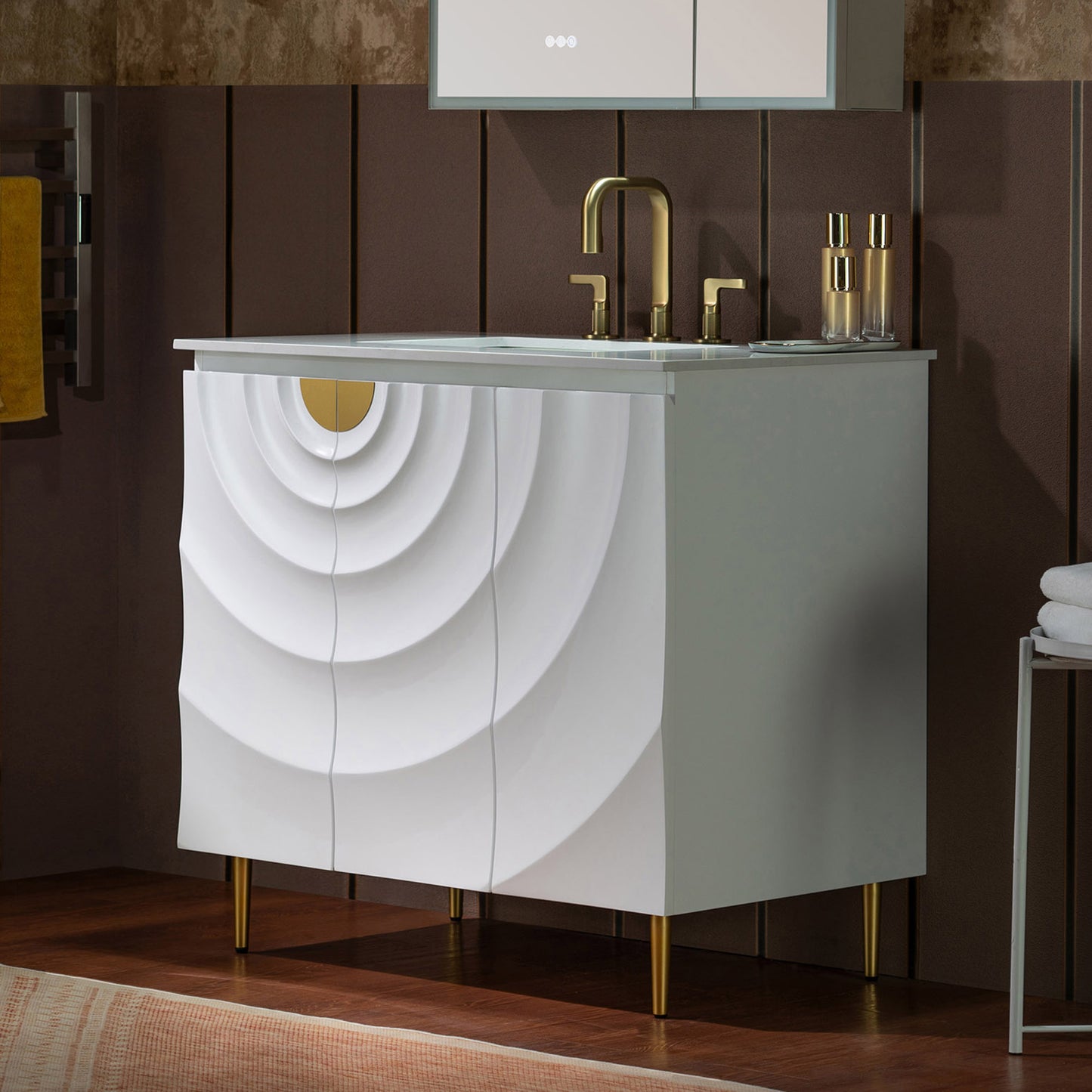 WOODBRIDGE 36" Cairo.WH.3A | Bathroom Vanity | with White Engineered Stone Top, Ceramic Undermount Sink, White Finish, 3D Wave Pattern Doors & Thin-Leg Design